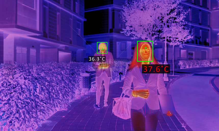 检查商业区人们温度的热屏幕扫描仪关注前景中的妇女商业走在街上工作图片