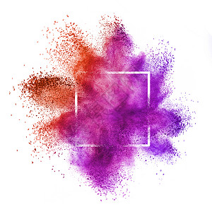 白色背景的红和紫灰尘或粉末闪烁的抽象灰尘或粉末的方形框复制空间红色紫粉末爆炸在白背景的框中name背景图片