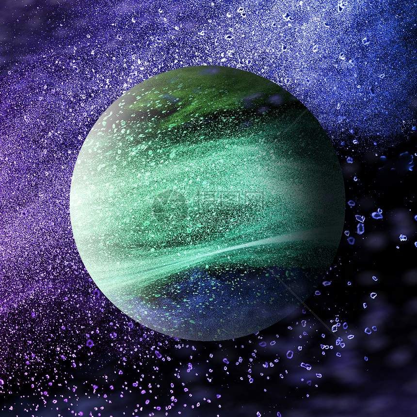 在紫外宇宙空间的背景中有抽象的绿色颜行星的创造图片有恒星和宇宙尘有文字的位置抽象行星在宇宙空间的背景中图片