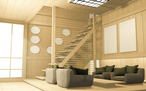 带有沙发的日本式客厅沙发热带内室设计3D背景图片