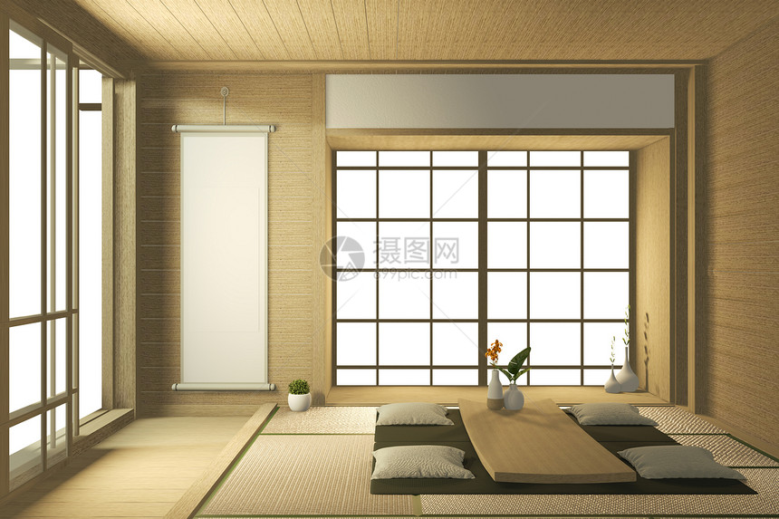 带有沙发的日本式客厅沙发热带内室设计3D图片