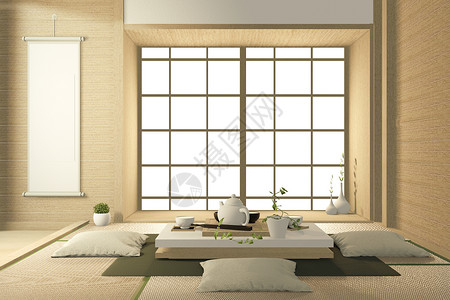 带有沙发的日本式客厅沙发热带内室设计3D背景