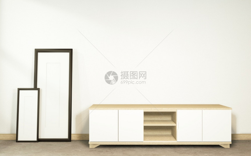 热带空房间的TV柜子日本式最小设计3D图片