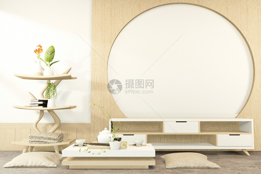 小木屋和低桌室内模拟中式室内三维渲染图片
