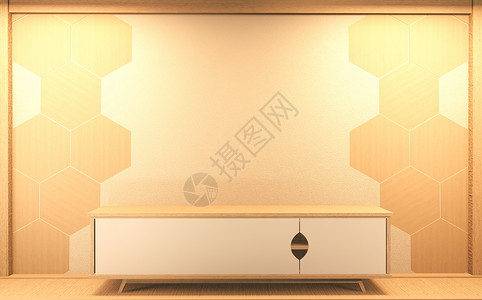 一个现代房间的电视柜子zen空白的日本式产品用于编辑3D图片