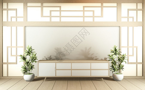 一个现代房间的电视柜子zen空白的日本式产品用于编辑3D图片