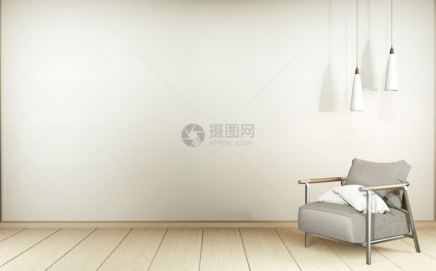 室内白色沙发和装饰的日本风格在白色房间的墙底背景上3D图片