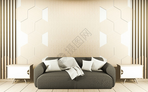 现代鲁恩室内沙发木质六边形瓷砖三维渲染图片