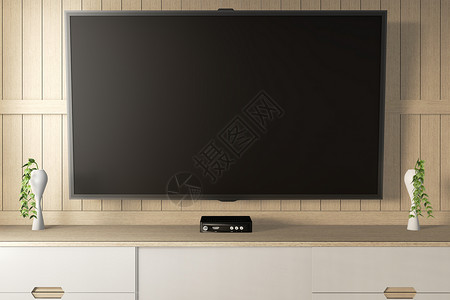 挂壁式电视挂在柜装配器上的空白黑屏幕智能tv模型3D翻譯背景