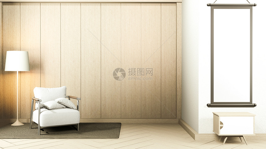 室内白色沙发和装饰的日本风格在白色房间的墙底背景上3D图片