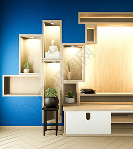 墙室的木板架深蓝色的制式和装饰的日本木制设计3d背景图片