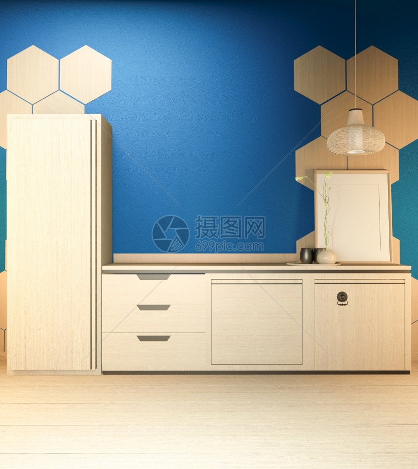 厨房室现场装上木制柜台厨房和深蓝色间六边形瓦墙上的装饰品图片