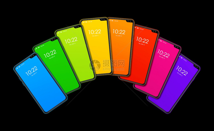 彩虹色智能手机组在黑色背景上隔离3d变色彩虹色智能手机组在黑色背景上隔离变色图片