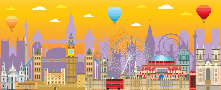 隆基泰和彩色的隆登天际旅行图设计带有孤立的隆登城市地标和字母英国旅游和行矢量背景的印刷品t恤纪念全球旅行概念插画