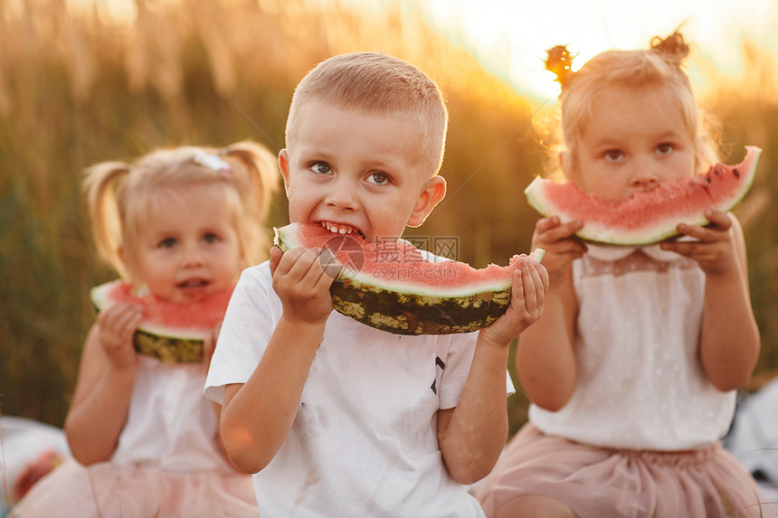 夏季快乐的孩子在田野日落时吃西瓜夏季野餐快乐的童年选择焦点图片
