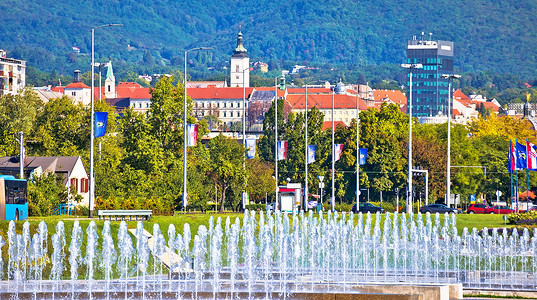 喷泉广场和首都萨格勒布地标视图croati图片