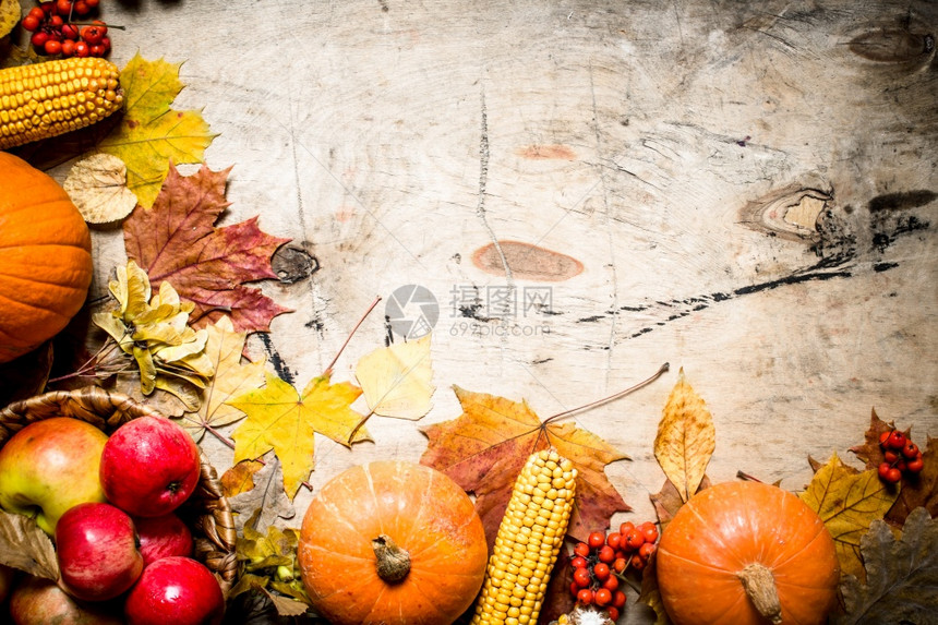 秋天食物水果和蔬菜木制背景图片