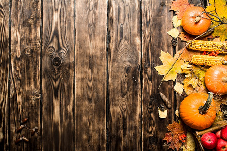秋天食物水果和蔬菜木制背景图片