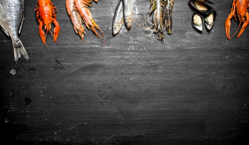 海鲜各种虾鱼和贝类黑板上的虾鱼和贝类图片