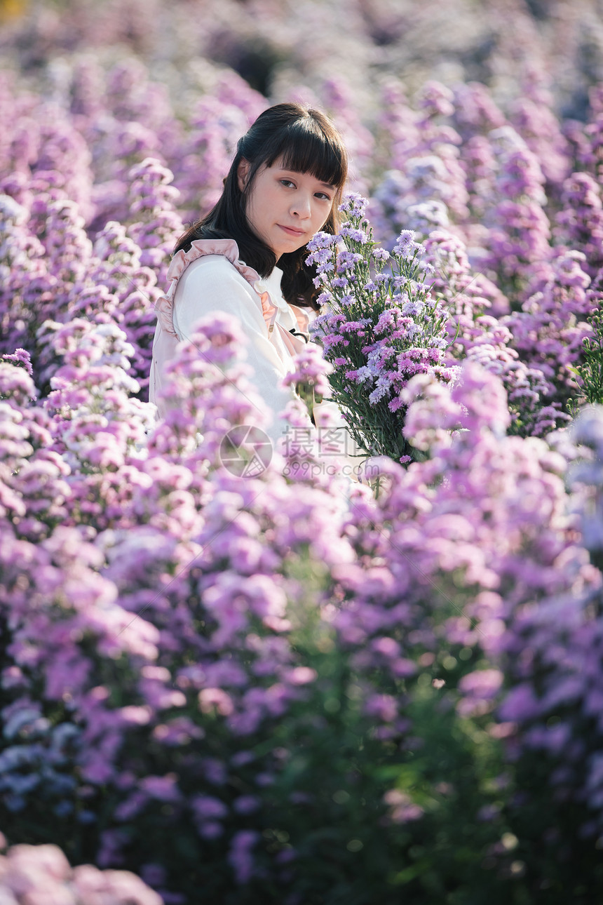 紫花背景的肖像女孩图片