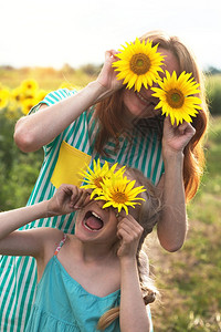 黄色领域在日落时的向葵场上疯狂的快乐女孩们家庭母亲和女儿背景