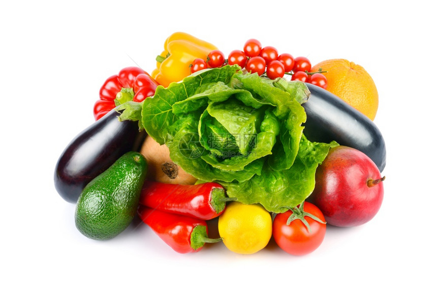 在白色背景上隔离的水果和蔬菜种类繁多健康的食物图片