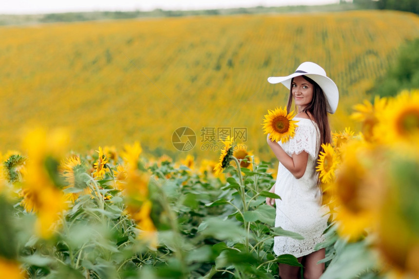 身着白帽子的快乐美丽年轻女孩站在大片的向日葵田中夏季时间后视选择焦点向日葵田中的女戴着白帽子的快乐美丽年轻女孩站在大片向日葵田中图片