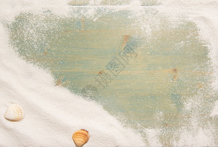 白沙和木板上的贝壳夏季背景附有复制空间和文本框架顶部视图图片