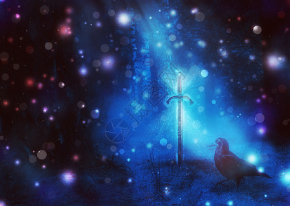 神秘的夜间森林和魔法与乌鸦监护人背景图片