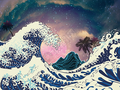 海洋浪和棕榈树月亮山回溯风格插图背景图片