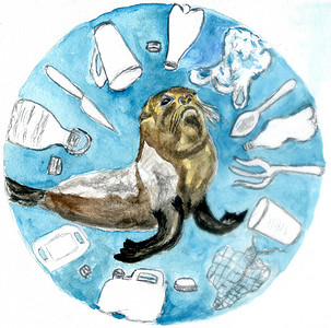 海狮卡通海洋中的塑料废物和海狮被引来图解背景