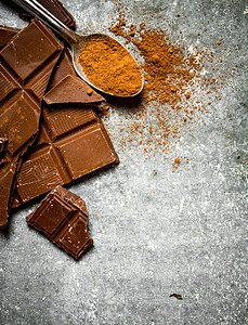 巧克力和可可粉在勺子背景图片