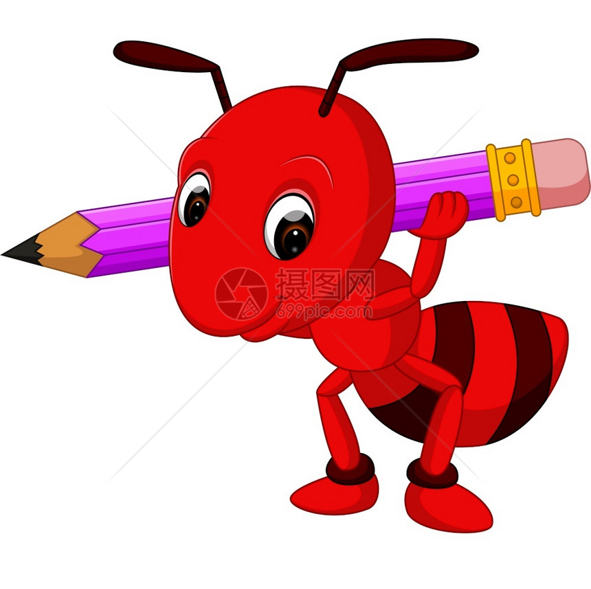 持有铅笔的红蚂蚁卡通图片