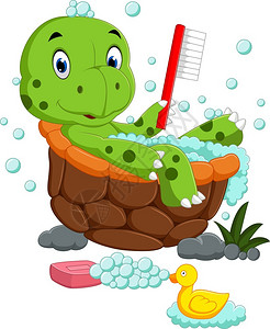 鳄鱼气泡可爱的海龟洗澡插画