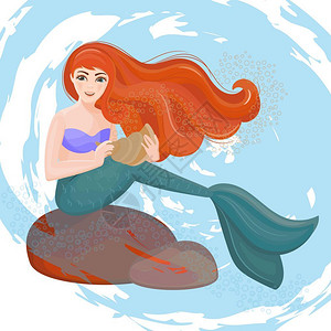 红发美人鱼水下公主矢量插图集图片