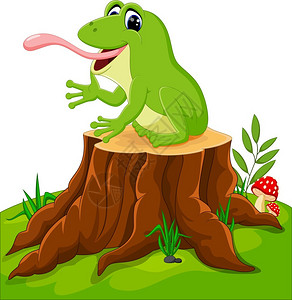 坐在树桩上卡通有趣的青蛙图片