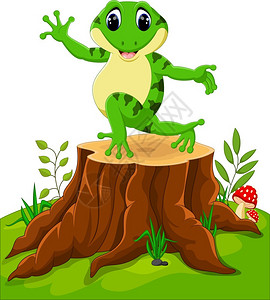 在树桩上跳舞的卡通有趣青蛙图片