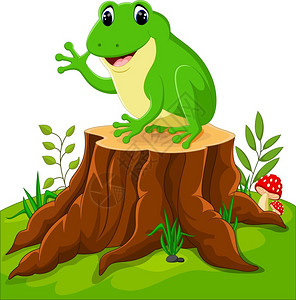 坐在树桩上卡通有趣的青蛙图片