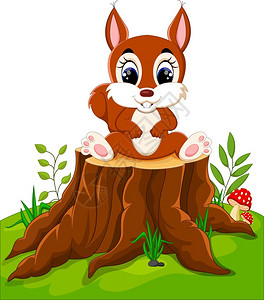 小幸福树卡通可爱的小松鼠在树桩上插画