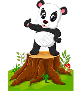 卡通熊猫在树桩上摆布图片