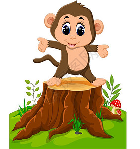 卡通猴子在树桩上跳舞背景图片