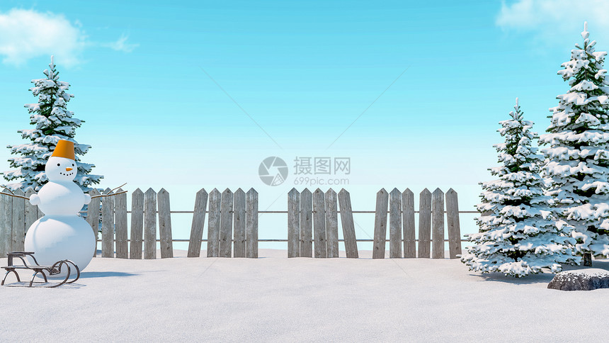 冬季雪地人木栅栏和冻松树3D图片