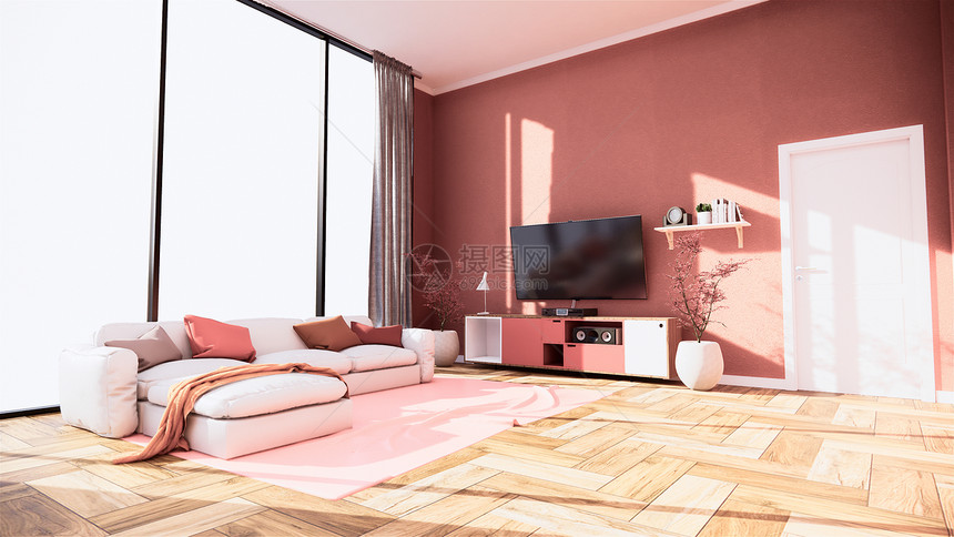 tv柜子和展示粉红色沙仓客厅内部的日本供编辑3D图片