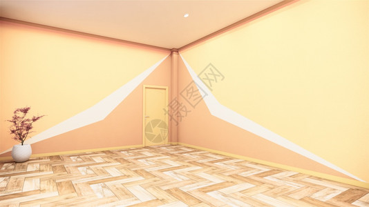 带有几何墙壁设计黄色橙和木地板棕的空房3D背景图片