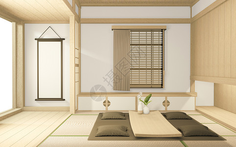 Tv内阁和坐椅子的日本手风格使用Ryokan房间最低设计3D翻译背景图片