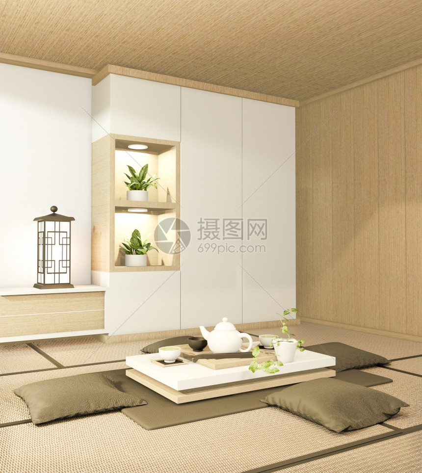 Tv内阁和坐椅子的日本手风格使用Ryokan房间最低设计3D翻译图片
