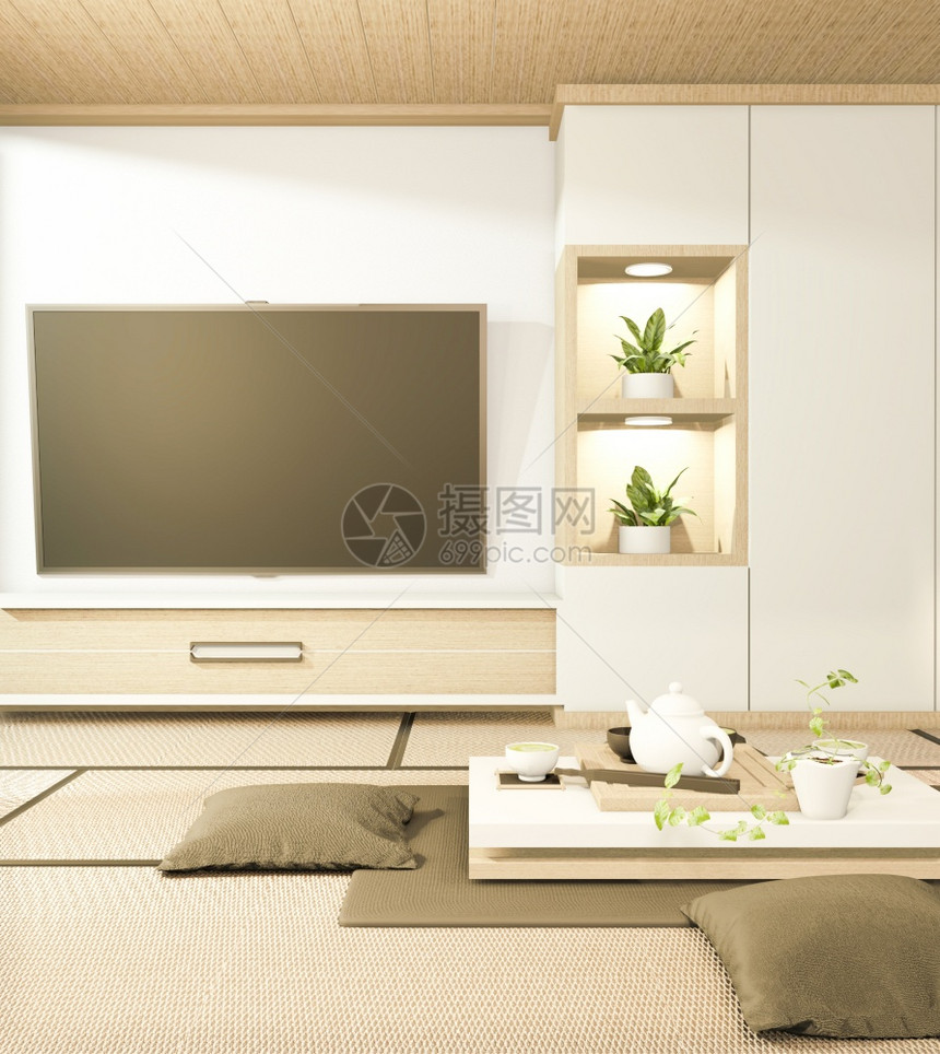 Tv内阁和坐椅子的日本手风格使用Ryokan房间最低设计3D翻译图片