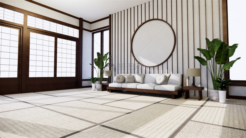 japn房间的沙发日本风格和白色背景为编辑3d提供窗口图片
