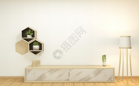 墙壁和木地板室制柜子电视机木制六边形瓦板日本式3d图片