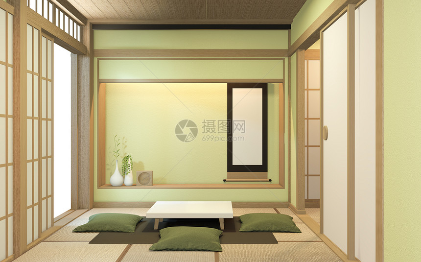 室内设计有门纸和壁架墙的日本式Tatmi垫子地板室图片